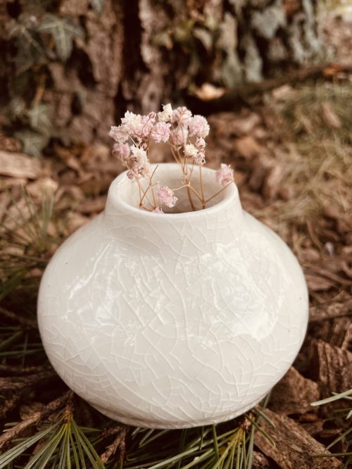 Petit pot en porcelaine craquelé Vase en porcelaine avec texture craquelée, décoré de fleurs séchées.